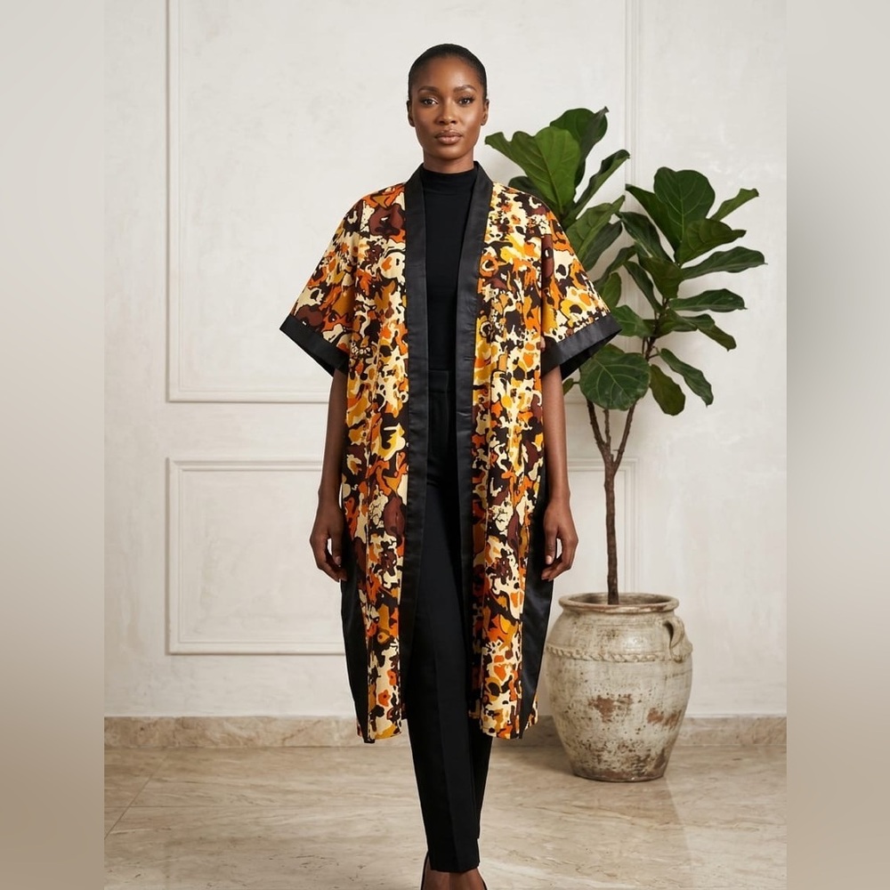 Elegant Orange and Black Floral Kimono